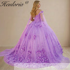 HEULORIA 3D Floral Appliqué Ball Gown - Off-the-Shoulder Sweetheart Neck with Sheer Cape Sleeves Quinceañera & Prom dressBA-1256