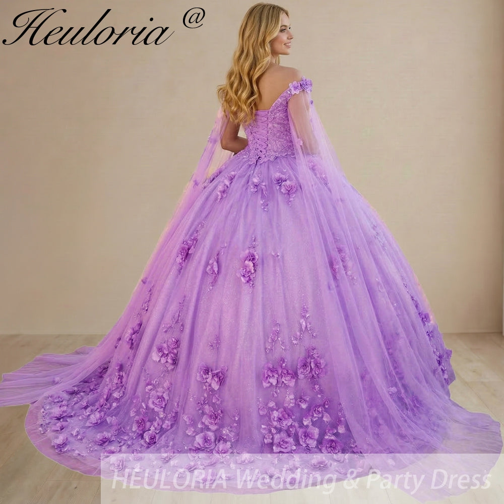 HEULORIA 3D Floral Appliqué Ball Gown - Off-the-Shoulder Sweetheart Neck with Sheer Cape Sleeves Quinceañera & Prom dressBA-1256