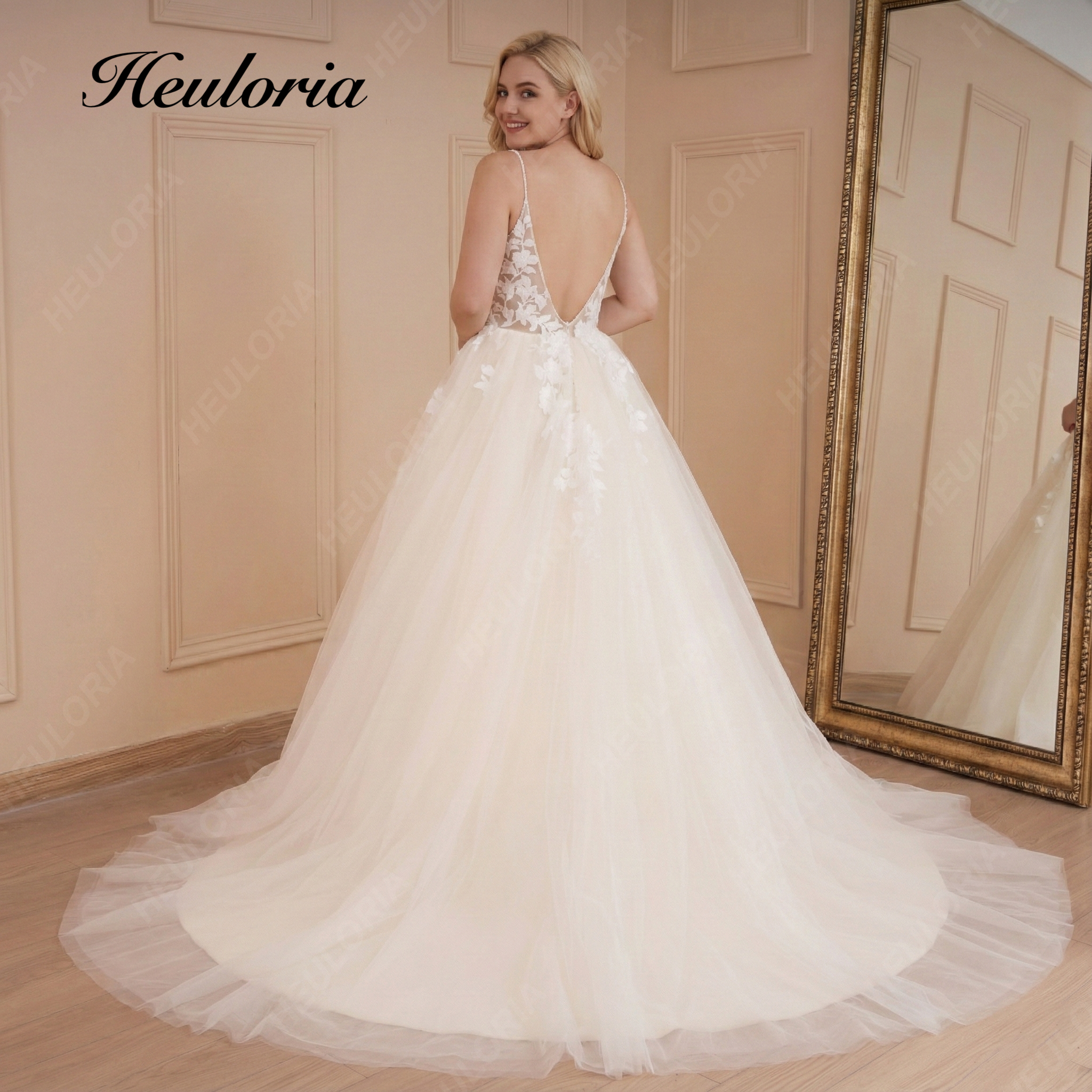 HEULORIA élégant une ligne Robe De mariée bretelles dentelle perles Robe De mariée Robe De mariée Robe De mariée longue train  Image secondaire du produit