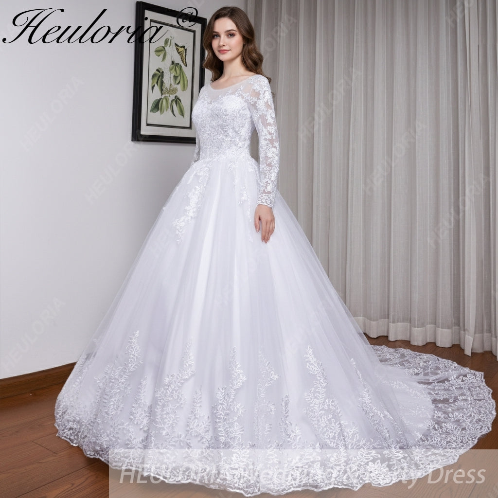 HEULORIA princess wedding dress long sleeve lace applique bride dress lace up Robe De Mariee BA-557