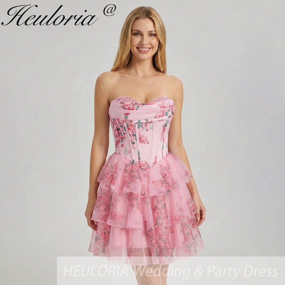 HEULORIA Strapless Sweetheart Floral Corset Mini Dress with Tiered Ruffle Skirt ED-280