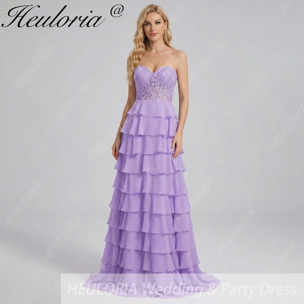 HEULORIA Strapless Sweetheart Lace Bodice Tiered Ruffle Chiffon Prom Gown - Available in Multiple Colors evening dresses ED-235
