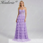 HEULORIA Strapless Sweetheart Lace Bodice Tiered Ruffle Chiffon Prom Gown - Available in Multiple Colors evening dresses ED-235