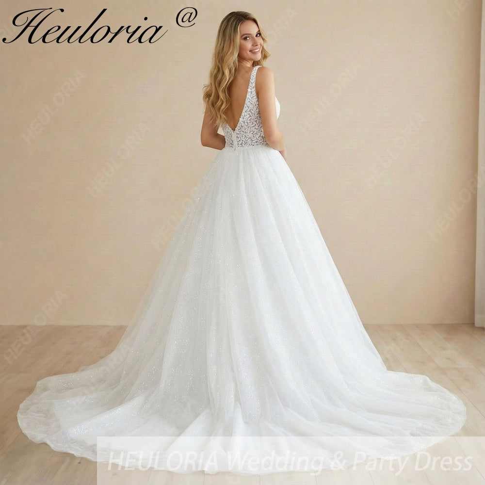 HEULORIA Radiant Sparkle A-Line Wedding Dress - Plunging V-Neck with Illusion Mesh & Leaf Lace Bodice AL-1059