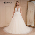 HEULORIA Ethereal Floral Lace A-Line Wedding Dress with Plunging Beaded V-Neck and Open Back AL-528