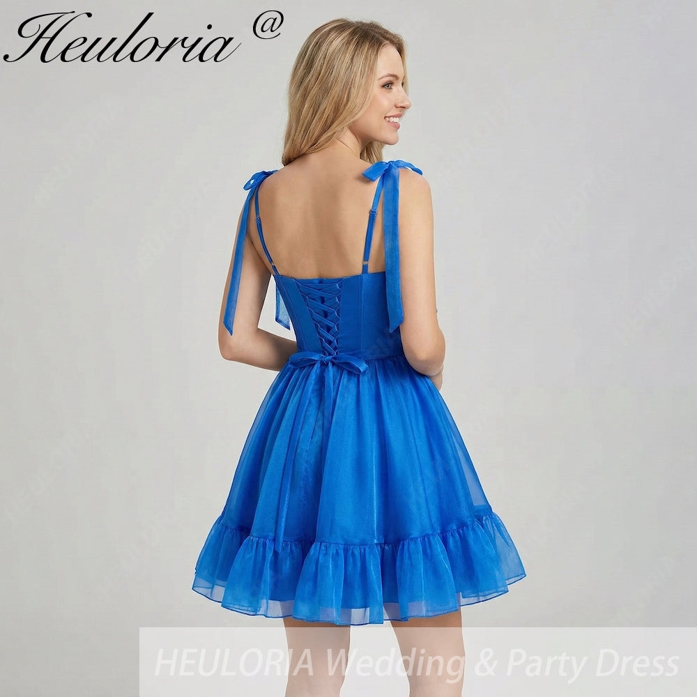 HEULORIA Royal Blue Sweetheart Tie-Strap Short Homecoming Dress - Ruffled Corset Back Cocktail Gown ED-295