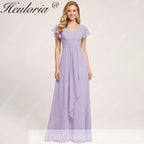 HEULORIA Long Bridemaid dress short sleeve V neck chiffon party dress formal dress ED-135