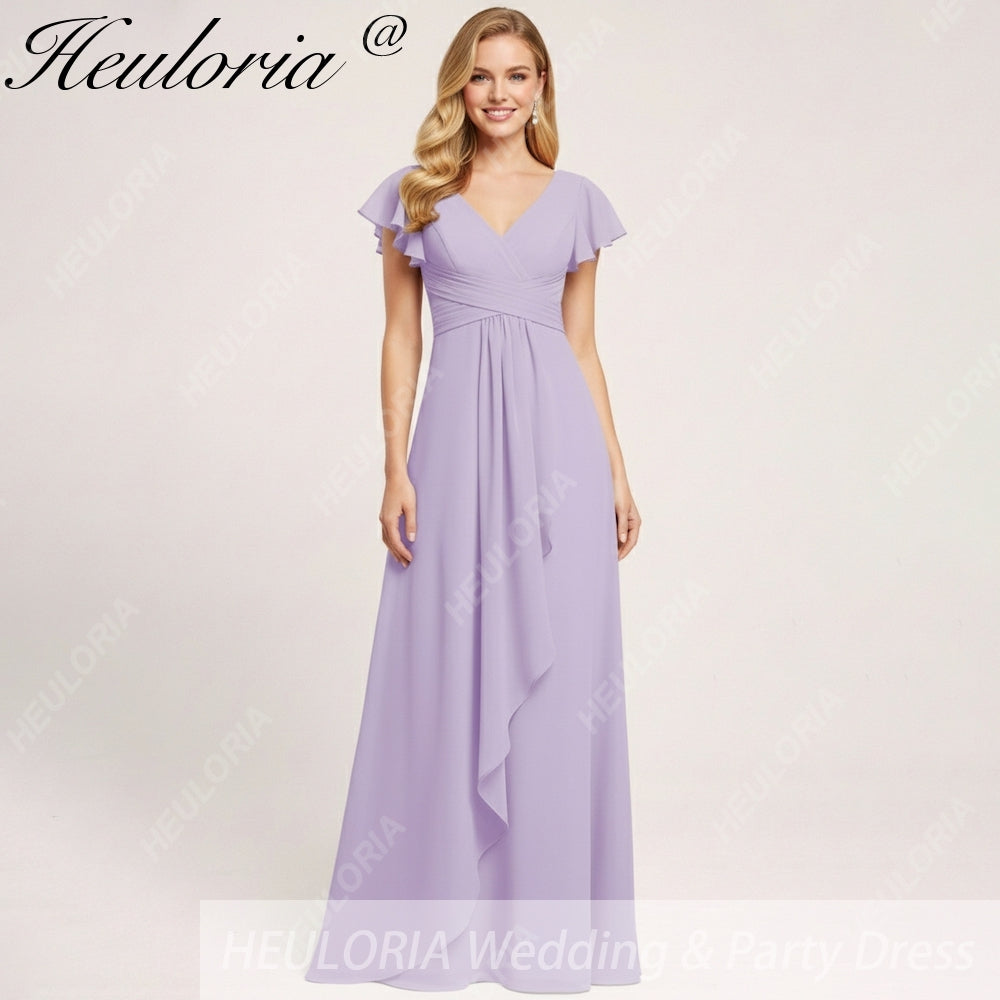 HEULORIA Long Bridemaid dress short sleeve V neck chiffon party dress formal dress ED-135