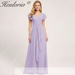 HEULORIA Long Bridemaid dress short sleeve V neck chiffon party dress formal dress ED-135