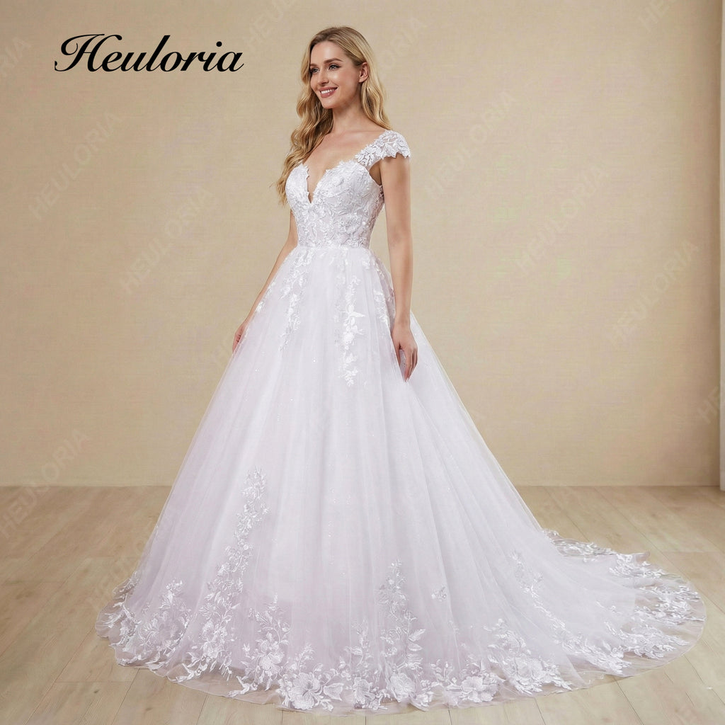 HEULORIA  Elegant V-Neck Lace Cap Sleeve Wedding Dress with Scalloped Floral Train BA-642