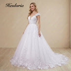 HEULORIA  Elegant V-Neck Lace Cap Sleeve Wedding Dress with Scalloped Floral Train BA-642