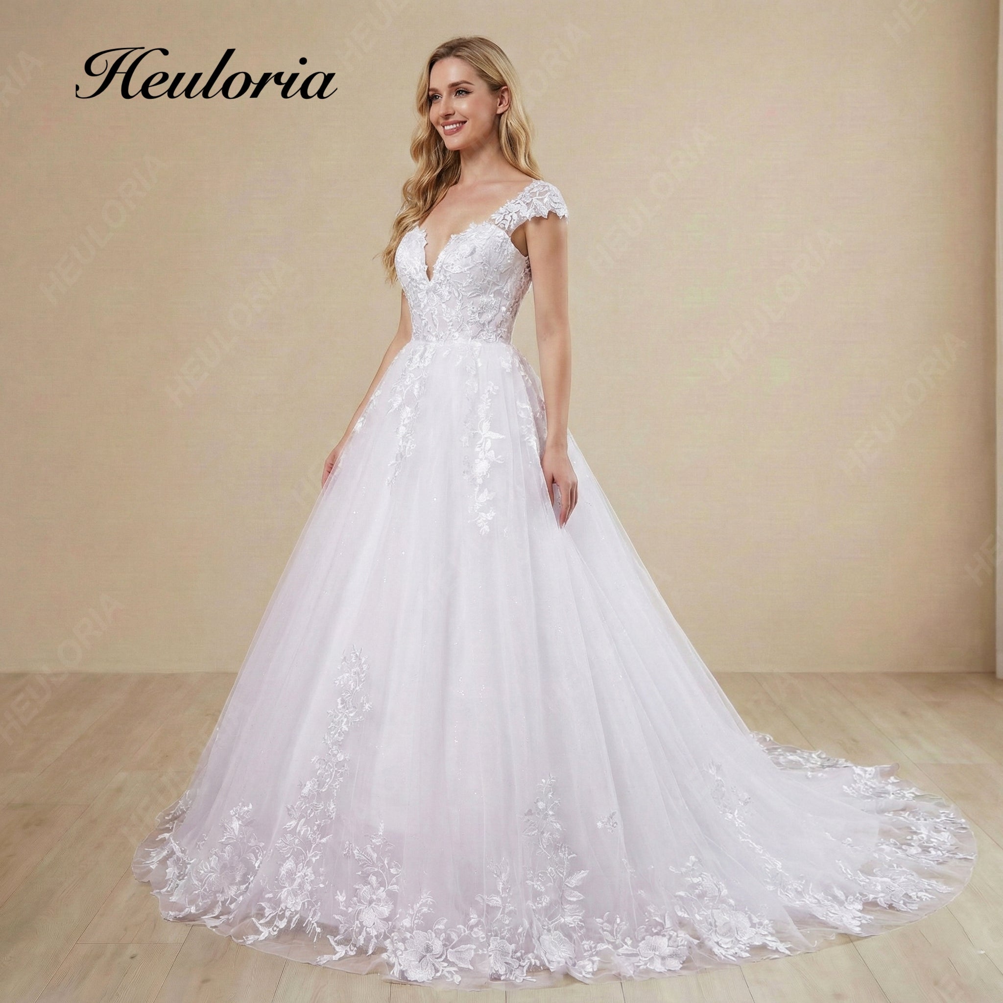HEULORIA  Elegant V-Neck Lace Cap Sleeve Wedding Dress with Scalloped Floral Train BA-642