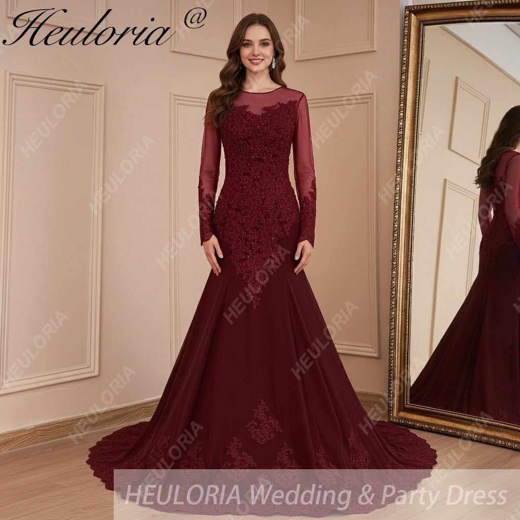 HEULORIA Mermaid Evening Dresses Long sleeve lace applique wedding dress formal prom dress