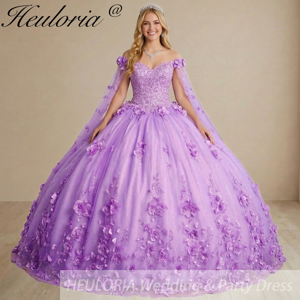 HEULORIA 3D Floral Appliqué Ball Gown - Off-the-Shoulder Sweetheart Neck with Sheer Cape Sleeves Quinceañera & Prom dressBA-1256