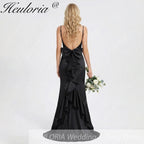 HEULORIA Elegant Satin Mermaid Evening Gown - Square Neck Spaghetti Strap with Oversized Bow & Cascading Ruffles ED-264
