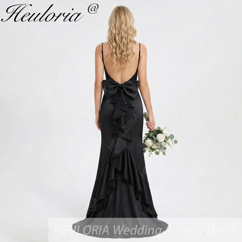HEULORIA Elegant Satin Mermaid Evening Gown - Square Neck Spaghetti Strap with Oversized Bow & Cascading Ruffles ED-264