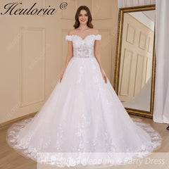 HEULORIA Ball-Gown/Princess Off the Shoulder Court Train Tulle Lace Wedding Dress With Sequins Beading BA-616