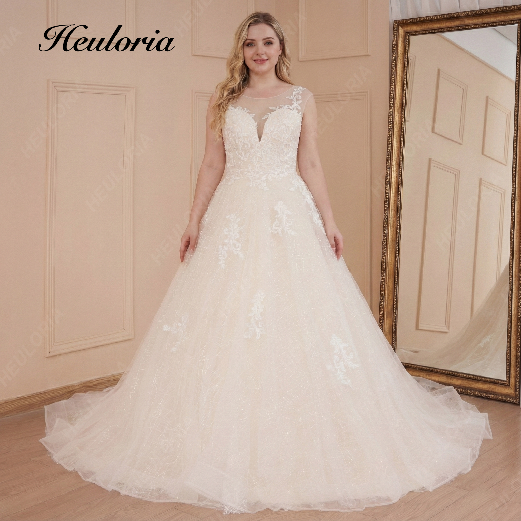 Deep V-Neck Lace A-Line Wedding Dress with Shimmer Tulle - bridal gown view 2 Immagine principale del prodotto
