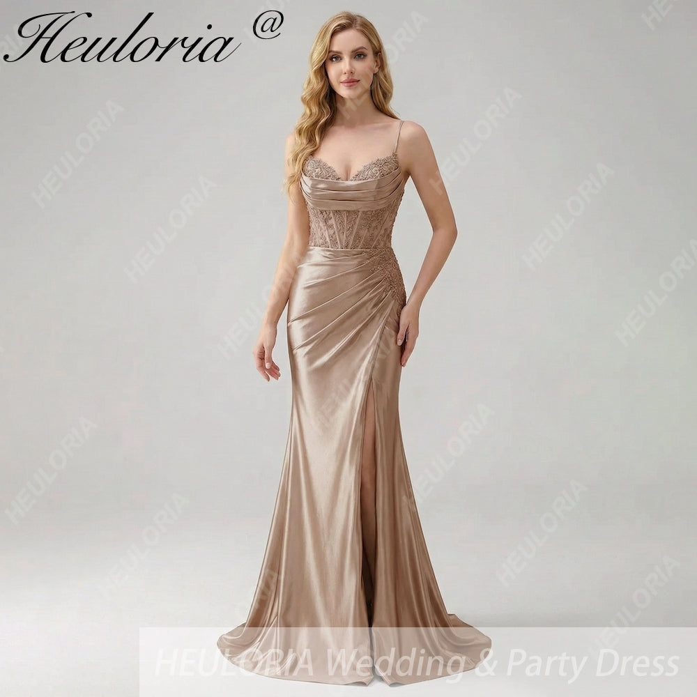 HEULORIA Sage Green Satin Mermaid Evening Dress with Lace Corset Bodice & High Slit ED-212