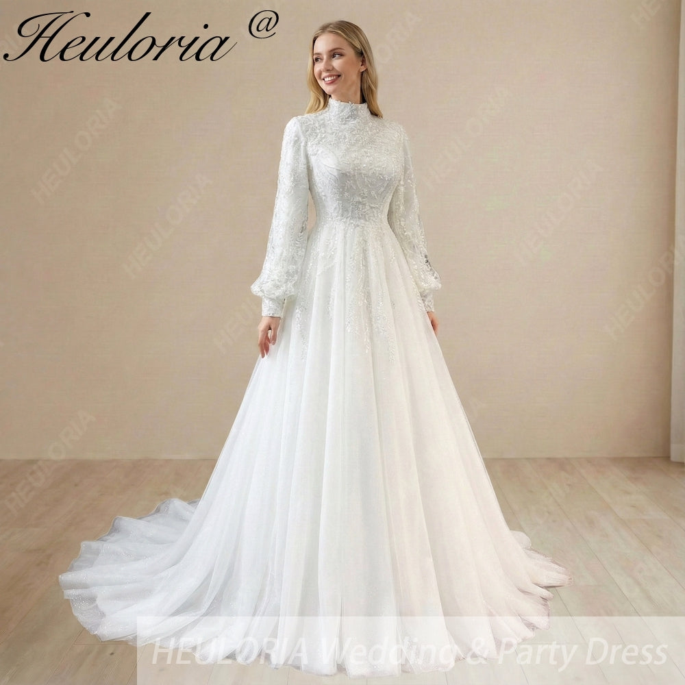HEULORIA Elegant High-Neck Lace Wedding Dress with Romantic Bishop Sleeves and A-Line Train BA-1246