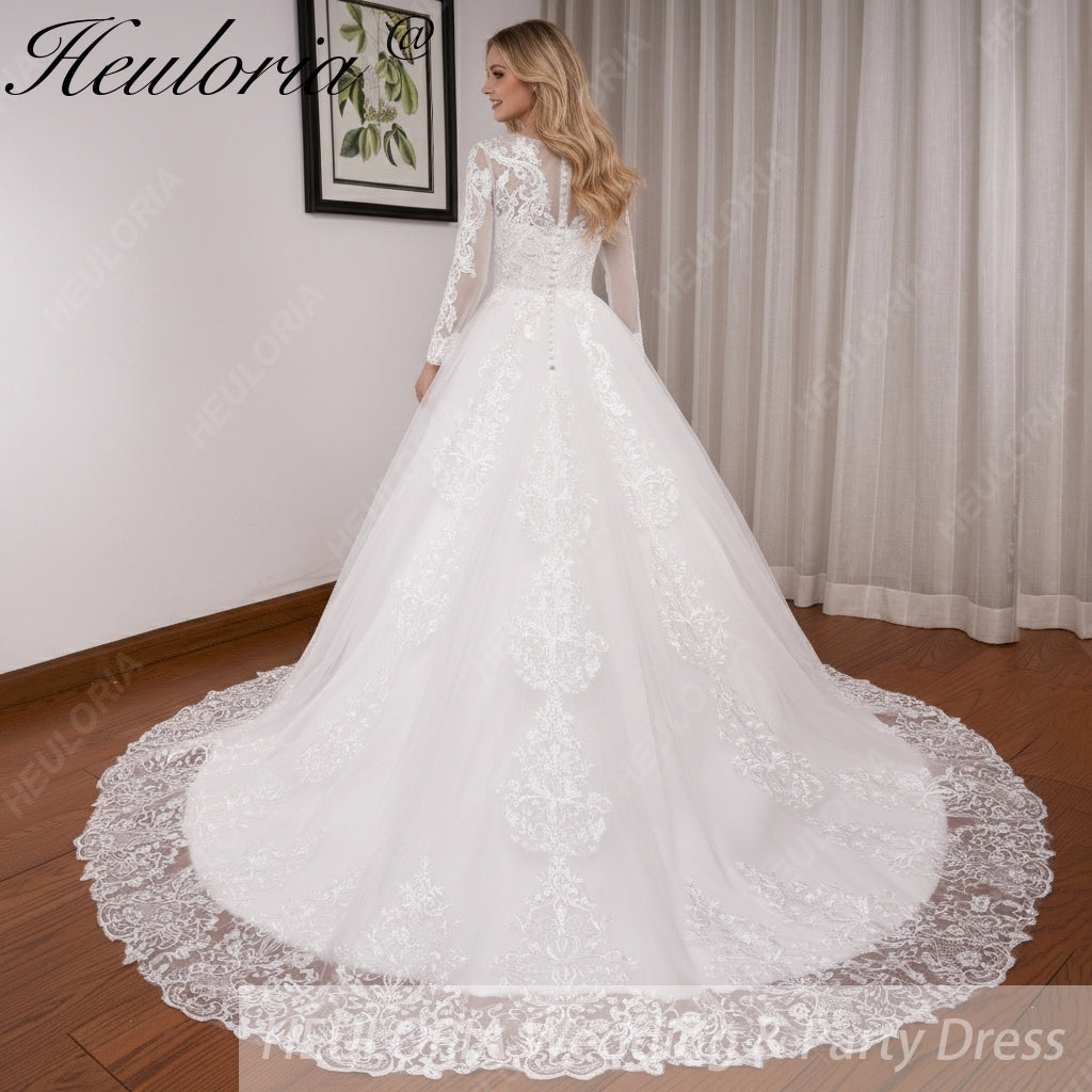 HEULORIA Ball-Gown/Princess Scoop Illusion long sleeve Cathedral Train Tulle Lace Wedding Dress BA-OF1224