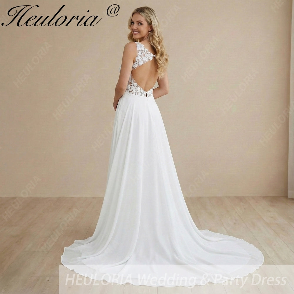 HEULORIA Illusion Deep V-Neck Lace A-Line Wedding Dress with Open Keyhole Back AL-1046