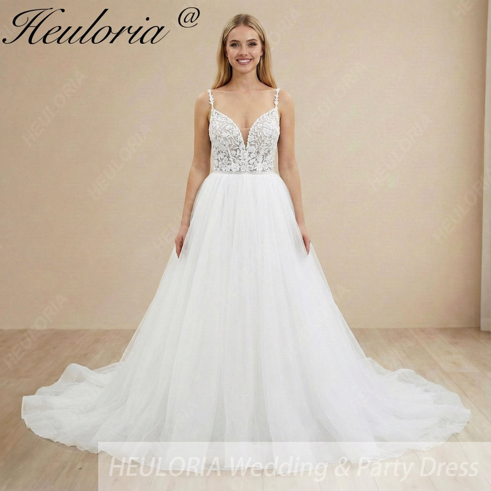 HEULORIA  elegant A line wedding dress Spaghetti Strap lace applique bridal dress Robe De Mariee Wedding Bride Dress AL-1098