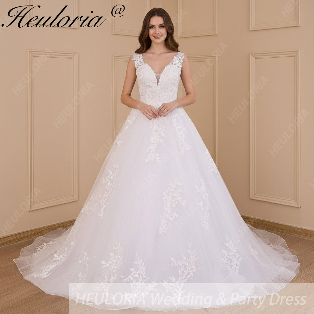 HEULORIA Ball-Gown/Princess V-Neck Cathedral Train Tulle Lace Wedding Dress With Sequins BA-609 Main image