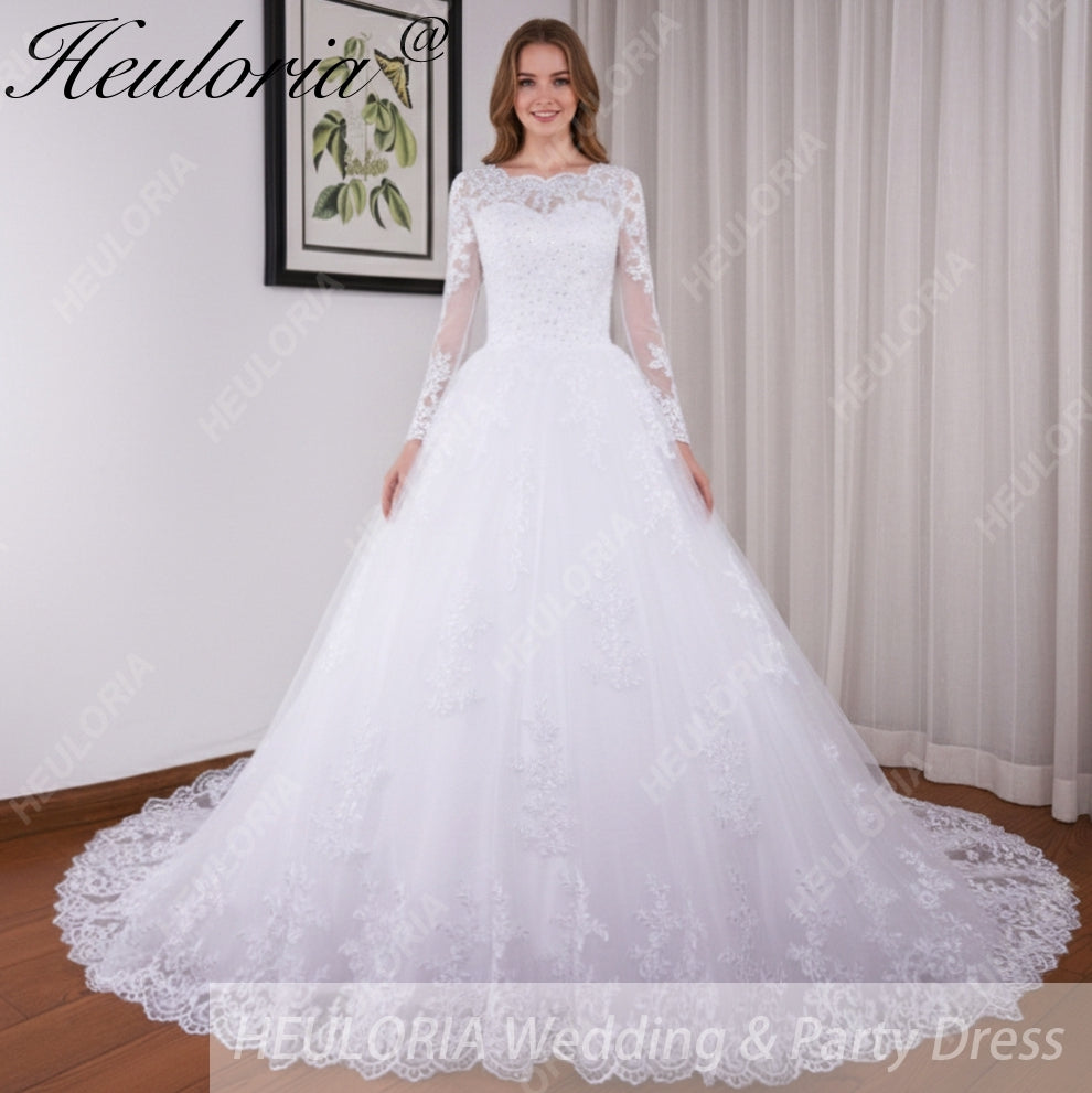 HEULORIA Princess Ball Gown Wedding Dress long sleeve bride dress O neck plus size robe de mariee Lace beading Bridal Gown BA-545 Immagine principale del prodotto