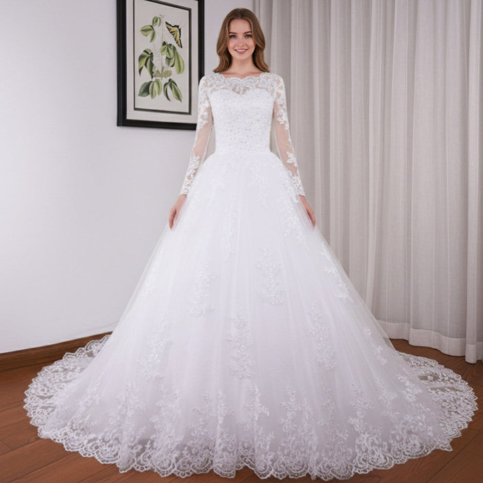 HEULORIA Princess Ball Gown Wedding Dress long sleeve bride dress O neck plus size robe de mariee Lace beading Bridal Gown BA-545