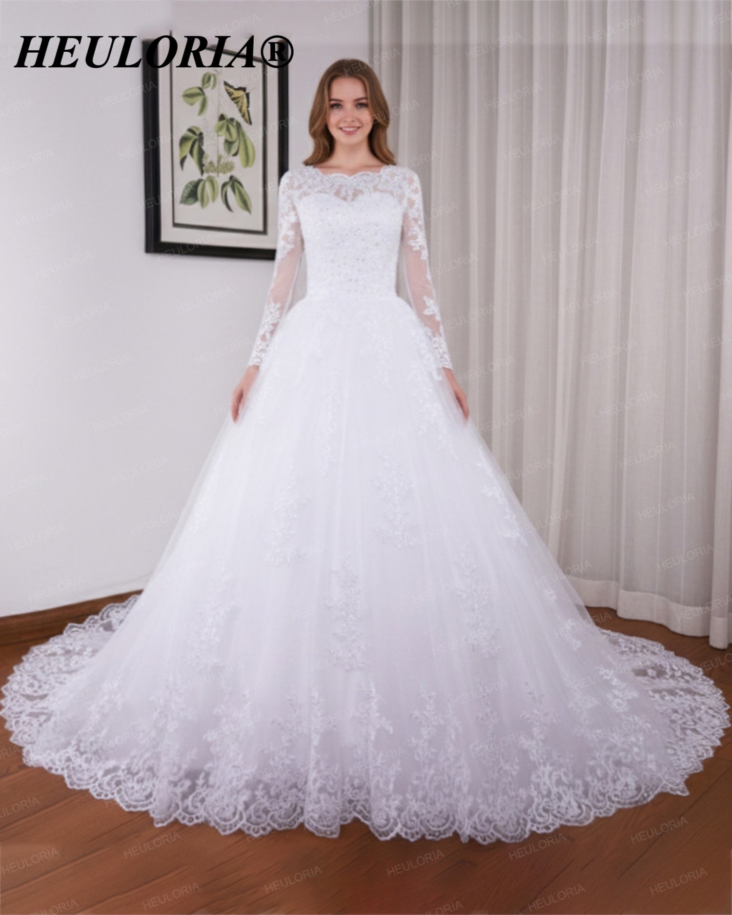 HEULORIA Lace Beaded Long Sleeve Ball Gown Wedding Dress with O-Neck BA-545 Secondary image