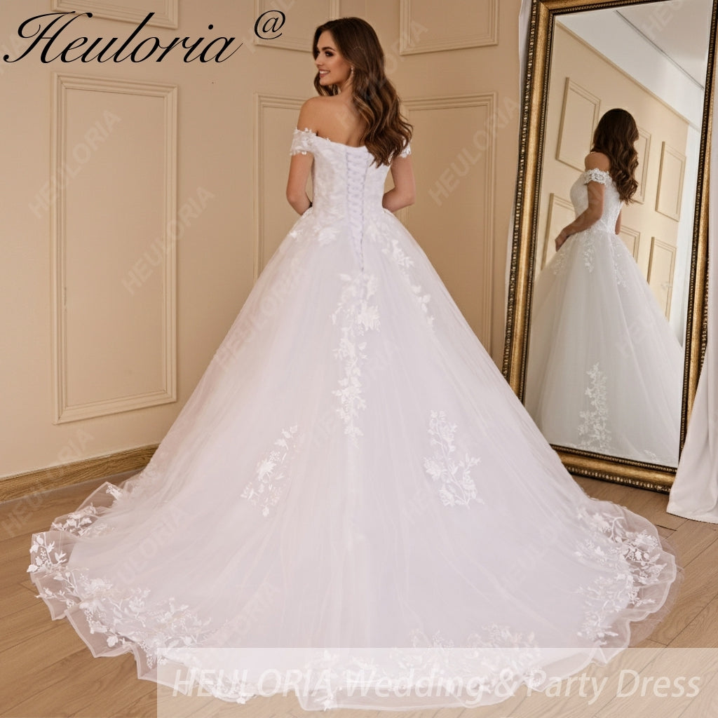 Vintage Off-Shoulder Lace Appliqué A-Line Wedding Dress with Lace-Up Back A-696