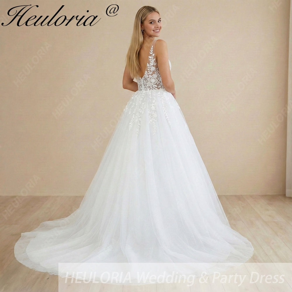HEULORIA A line Wedding Dress V Neck Sleeveless Boho Lace Appliques Tulle Long Bridal Gowns Backless Vestidos de Novia Customized AL-1087