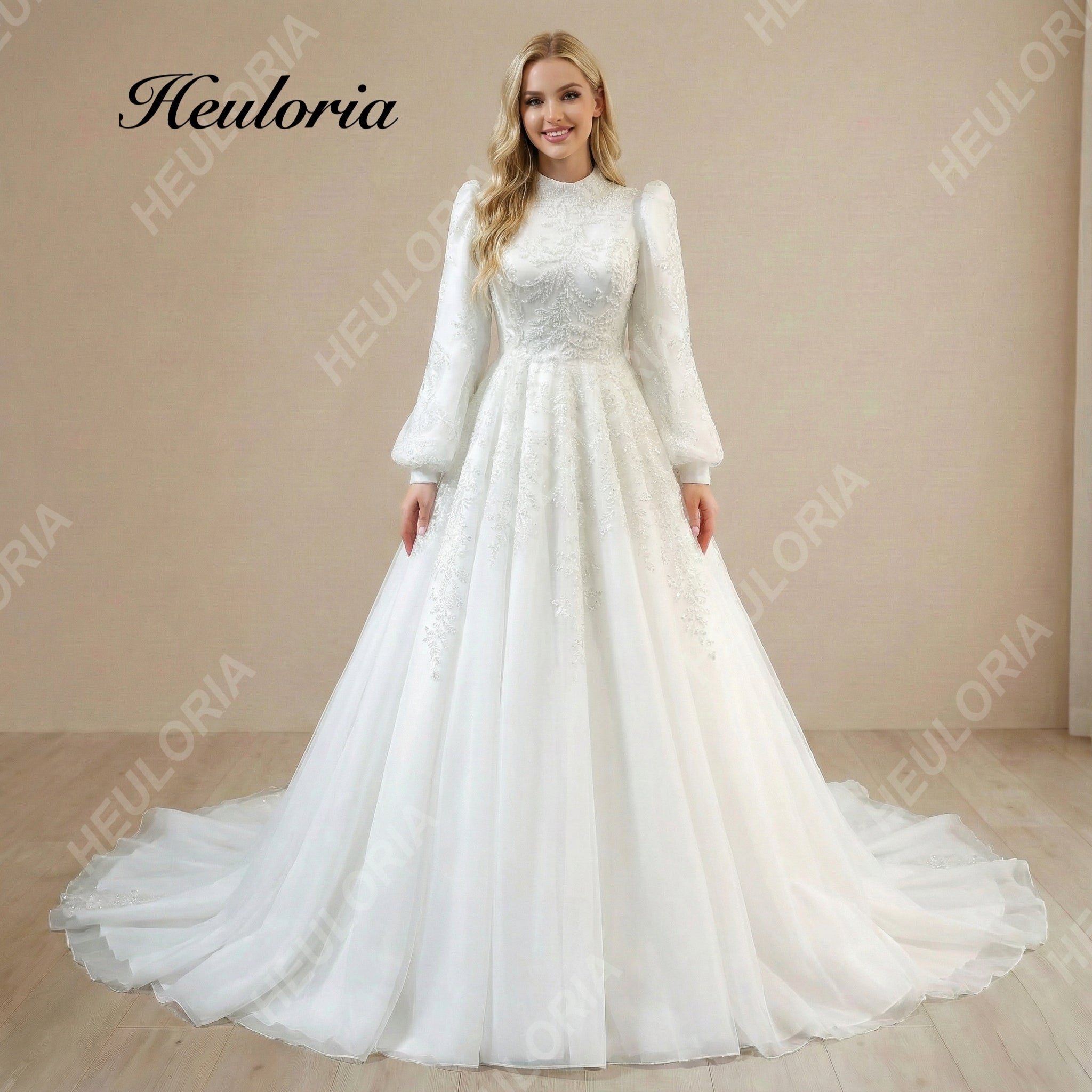HEULORIA Royal High-Neck Lace Wedding Dress with Romantic Bishop Sleeves and Cathedral Train Muslim wedding dress  BA-1206 Image principale du produit