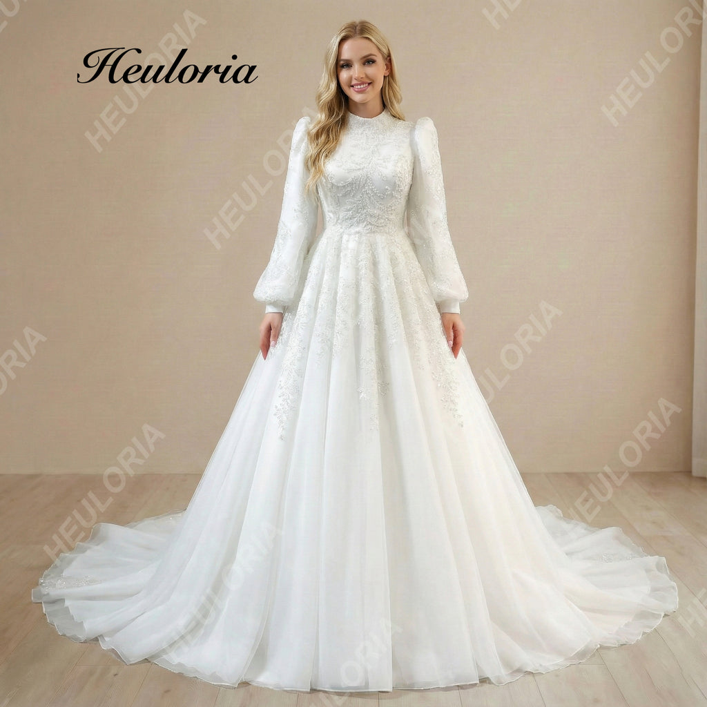 HEULORIA Royal High-Neck Lace Wedding Dress with Romantic Bishop Sleeves and Cathedral Train Muslim wedding dress  BA-1206
