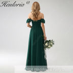 HEULORIA Dark Green A Line Off The Shoulder Chiffon Ruched Long Bridesmaid Dress ED-245