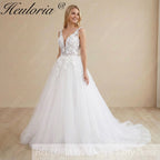 HEULORIA Romantic Illusion V-Neck Floral Lace A-Line Wedding Dress: Exquisite Appliques & Shimmering Tulle AL-1038