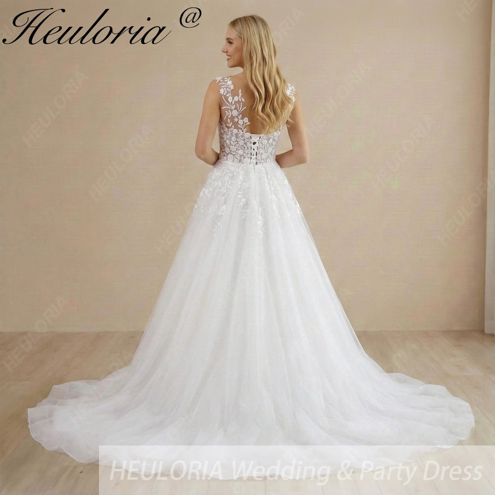 HEULORIA Ethereal Illusion V-Neck Floral Lace Wedding Dress - Shimmer Tulle A-Line Bridal Gown AL-1099