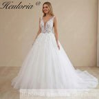 HEULORIA Romantic Deep V-Neck Floral Lace A-Line Wedding Dress with Shimmering Tulle Skirt AL-1041