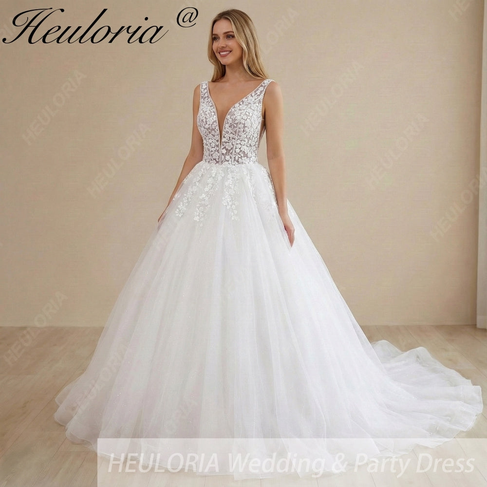 HEULORIA Romantic Deep V-Neck Floral Lace A-Line Wedding Dress with Shimmering Tulle Skirt AL-1041