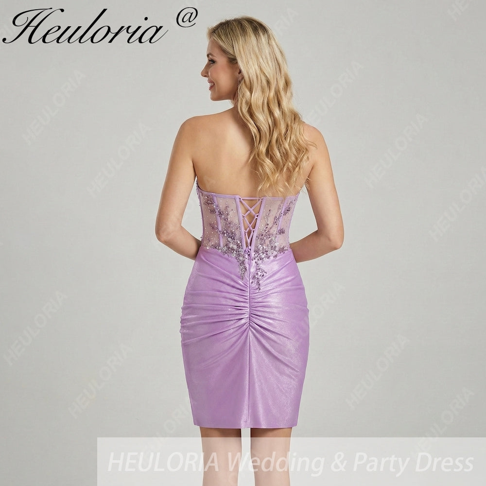 HEULORIA Sparkly Sequin Corset Mini Dress - Sheer Boning Ruched Bodycon Cocktail Gown ED-302