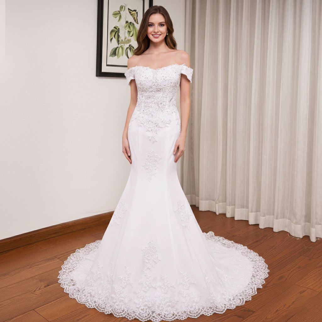 mermaid wedding dress with corset Ellie Wilde 37085 Beaded Bridal Lace this dress will make you feel confident and beautiful on your special day Off-Shoulder Sweetheart Lace Mermaid Wedding