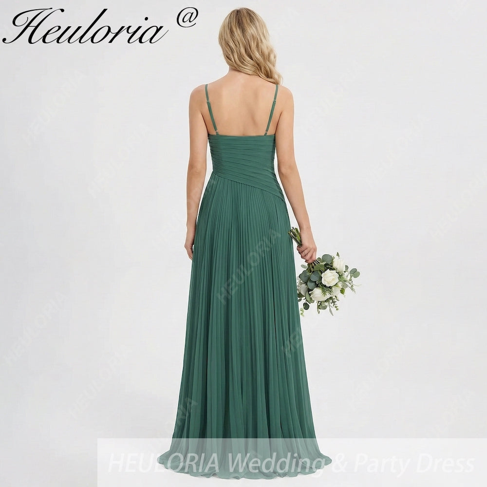 HEULORIA Eucalyptus Green Pleated Chiffon V-Neck Spaghetti Strap Floor-Length Evening Dress ED-261