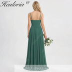 HEULORIA Eucalyptus Green Pleated Chiffon V-Neck Spaghetti Strap Floor-Length Evening Dress ED-261