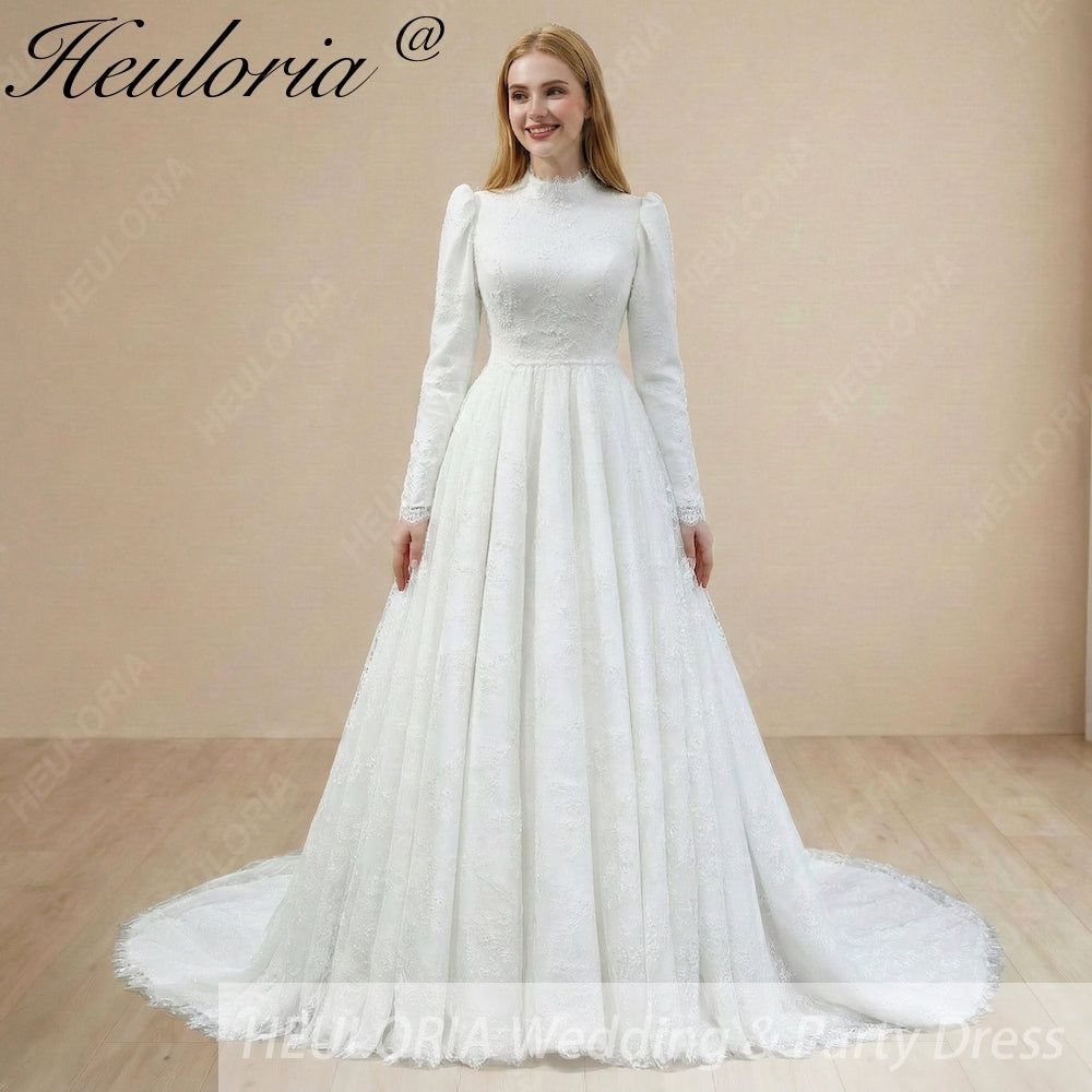 HEULORIA Victorian-Inspired High Neck Lace Wedding Dress with Elegant Puff Sleeves & Chapel Train muslim wedding dress  BA-1204 Image principale du produit