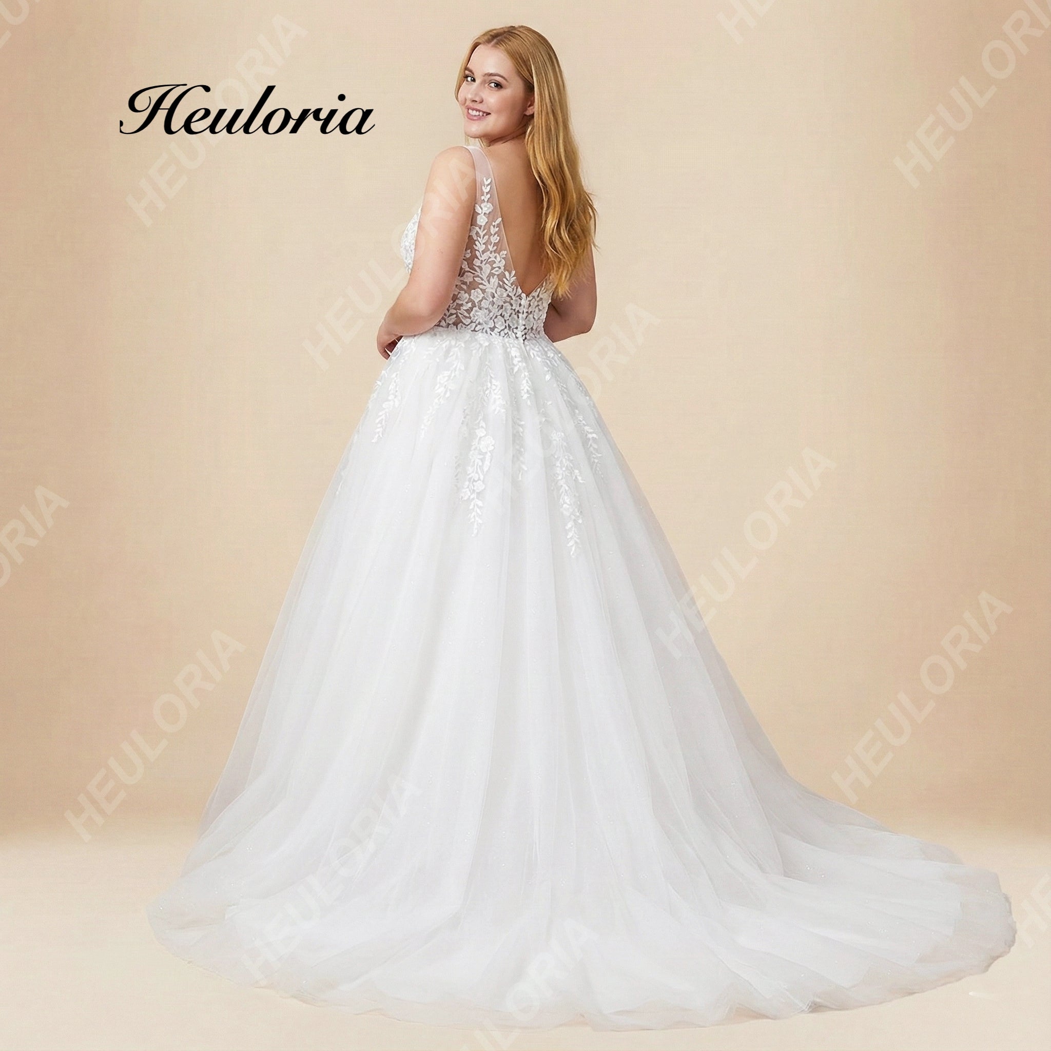 HEULORIA Romantic V-Neck Lace A-Line Wedding Dress with Shimmering Tulle & Vine Appliqués AL-1087plus