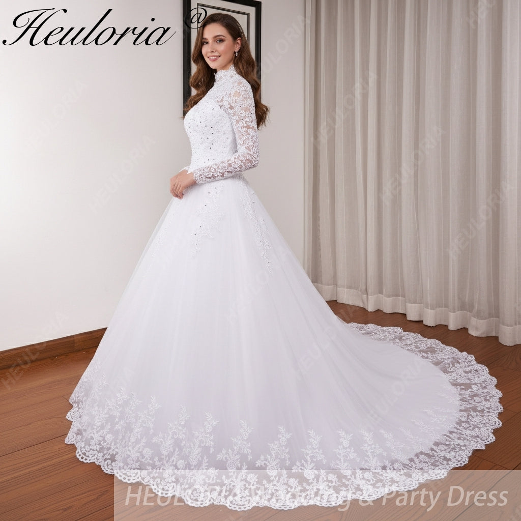 HEULORIA Muslim Wedding Dress long sleeve high neck bride dress Lace beading Wedding Gown BA-N-Classic