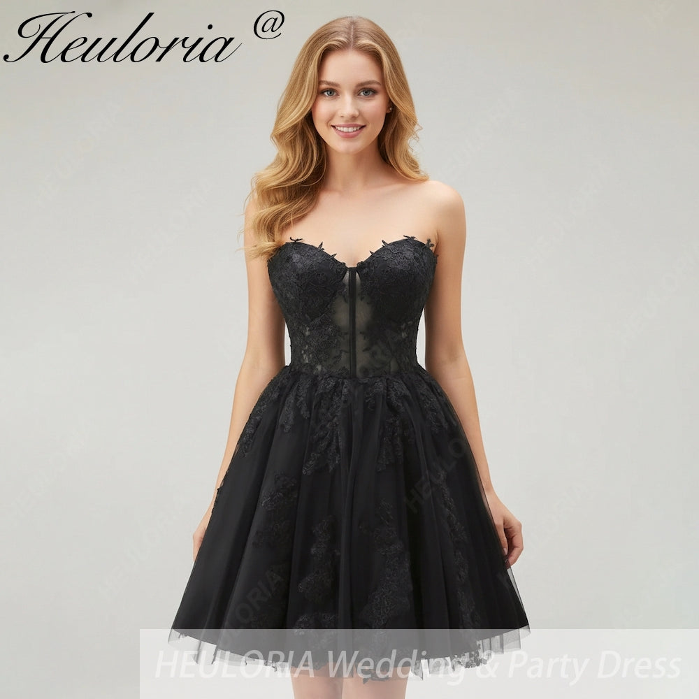 Black Strapless Sweetheart Lace Homecoming Dress | Short Tulle Prom Gown heuloria Black Strapless Sweetheart Lace Homecoming Dress | Short Tulle Prom Gown heuloria