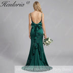 HEULORIA Elegant Satin Mermaid Evening Gown - Square Neck Spaghetti Strap with Oversized Bow & Cascading Ruffles ED-264