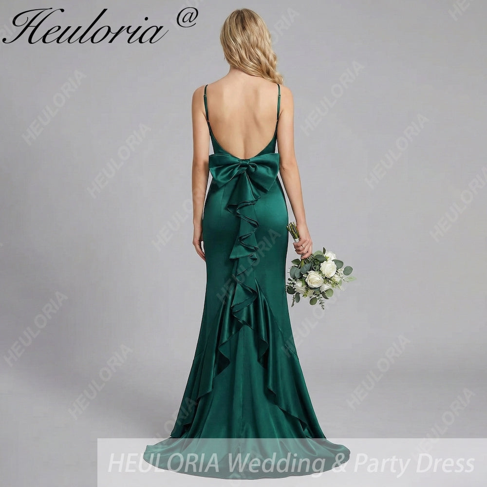 HEULORIA Elegant Satin Mermaid Evening Gown - Square Neck Spaghetti Strap with Oversized Bow & Cascading Ruffles ED-264